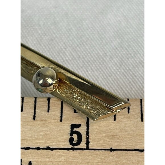 Vintage Bar Shaped Gold Tone Brooch 80s 90s Sphere Etched Floral Art Deco Style - Picture 8 of 8